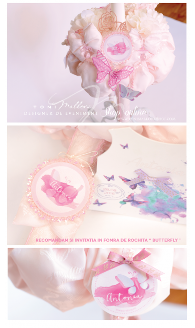 Lumanare de botez pentru fetite cu fluturi si dantele roz, 65x4cm,  Pink Butterfly  1